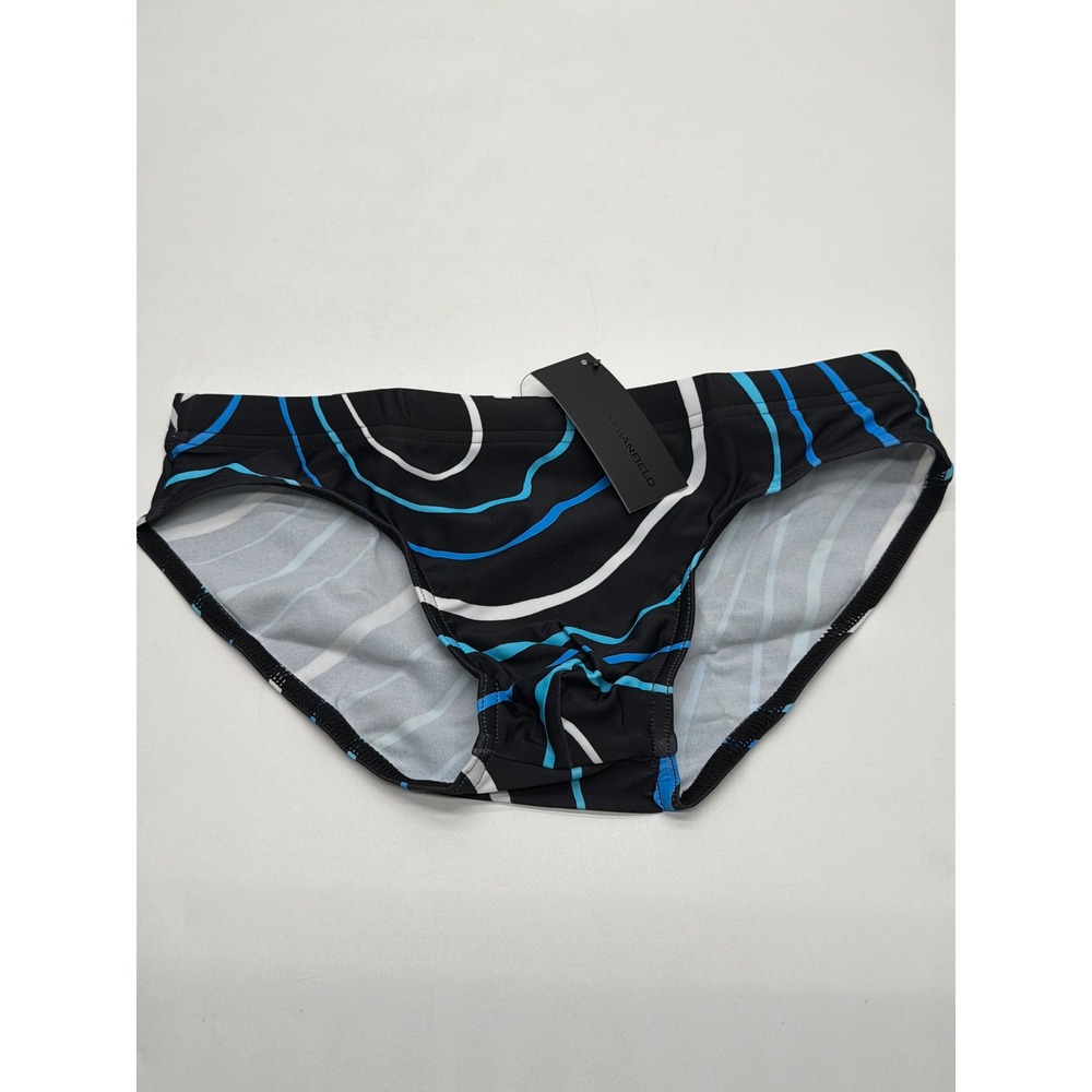 Todd Sanfield Emperor Deep Swim Brief Black Blue White Stripe FR5159 XS Mens NEW